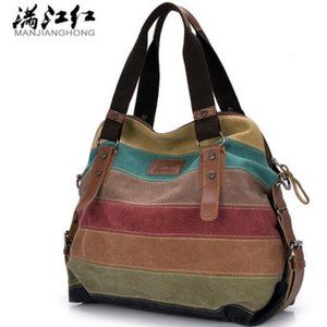 Manjianghong Striped Canvas Bag Tote Handbag Purse